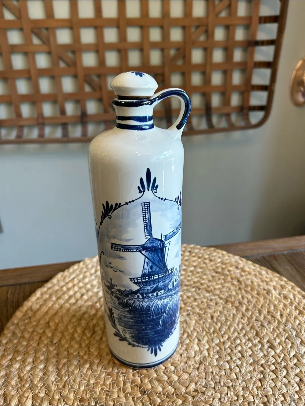 Vintage Blue & White Delft Decanter Wine Bottle with Cork Windmill Motif